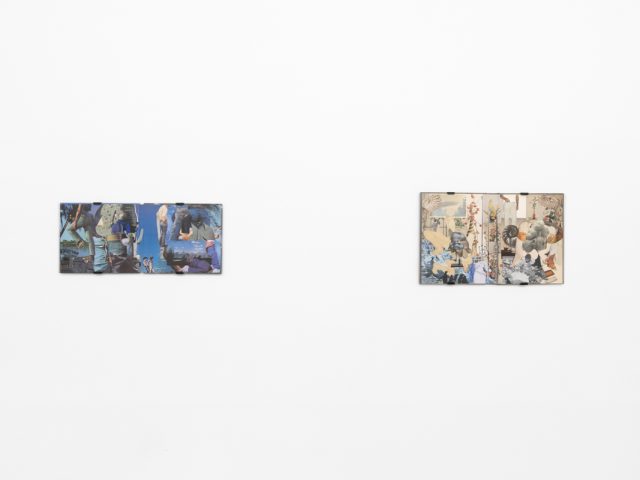 Gallery installation view showing mixed-media works on white walls.