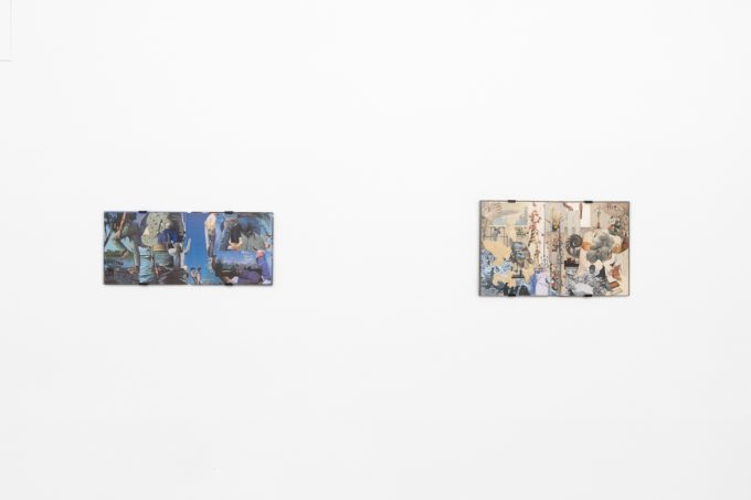Gallery installation view showing mixed-media works on white walls.