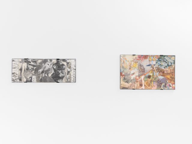 Gallery installation view showing mixed-media works on white walls.