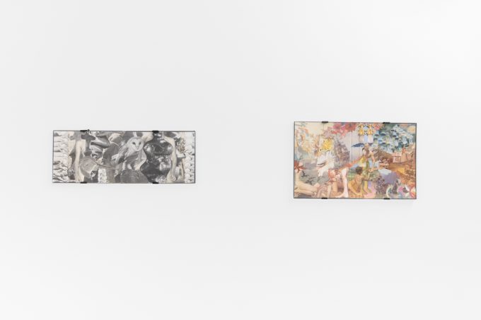 Gallery installation view showing mixed-media works on white walls.