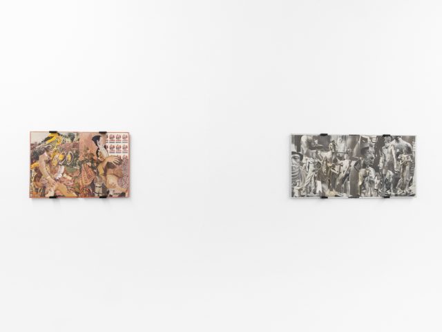 Gallery installation view showing mixed-media works on white walls.