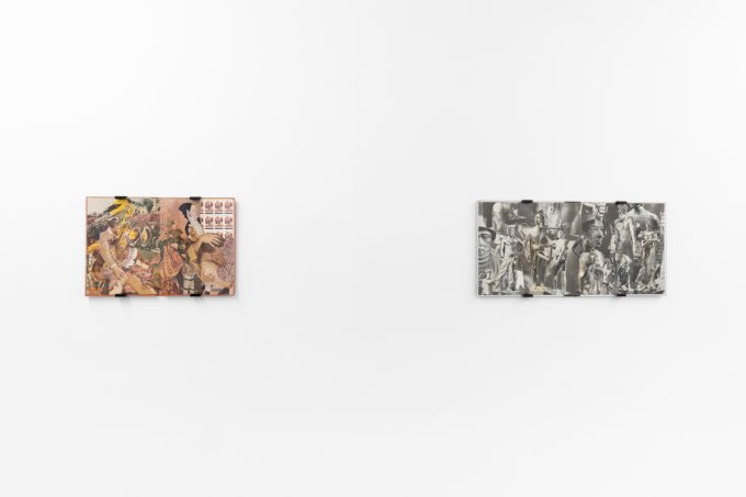 Gallery installation view showing mixed-media works on white walls.