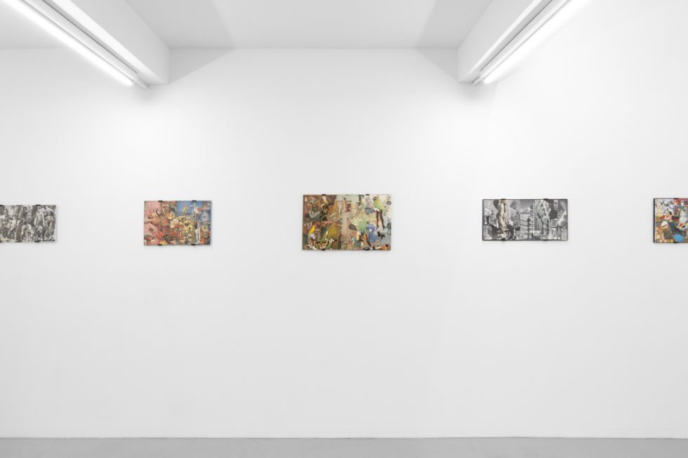 Gallery installation view showing mixed-media works on white walls.