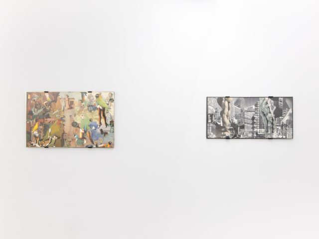Gallery installation view showing mixed-media works on white walls.