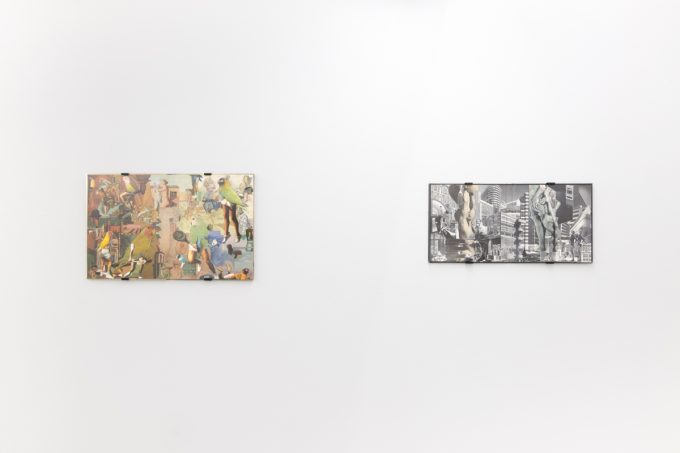 Gallery installation view showing mixed-media works on white walls.