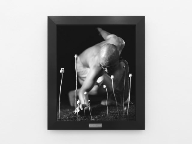 A photograph of black and white photographs in black frames hanging in a contemporary gallery setting.