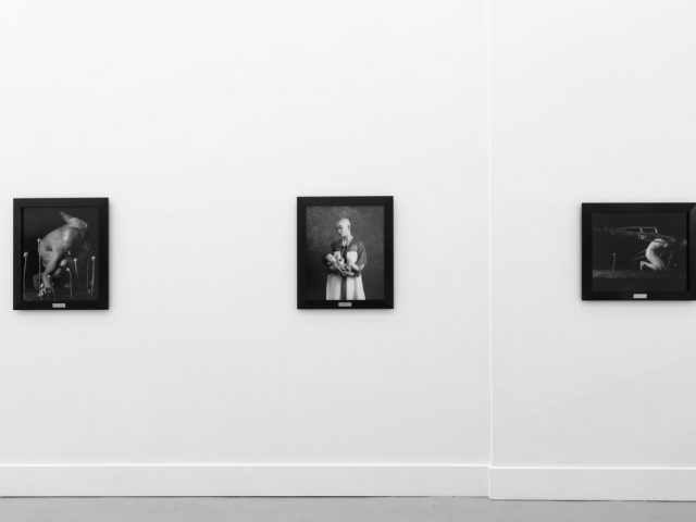 A photograph of black and white photographs in black frames hanging in a contemporary gallery setting.