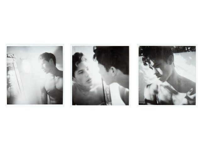 A black and white triptych of a young man looking at himself in the mirror.