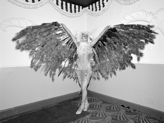 A black and white photograph of a women in a cabaret outfit with large wings.