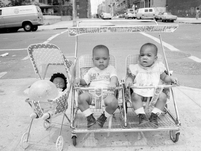 A black and white photograph of two babies in a double stroller with a doll in a stroller beside them.
