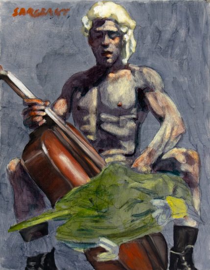Click for sizes / editions / prices. A painting of a man playing the cello with a little bird in front of him.