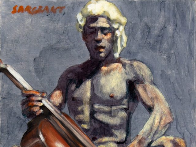 Click for sizes / editions / prices. A painting of a man playing the cello with a little bird in front of him.