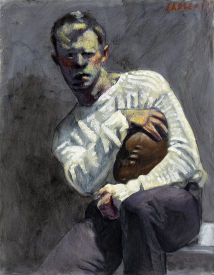 Click for sizes / editions / prices. A painting of a man holding a football against a grey background.