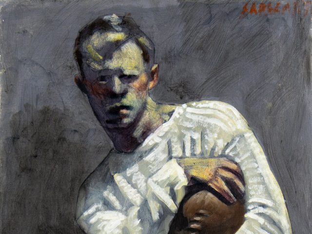 Click for sizes / editions / prices. A painting of a man holding a football against a grey background.