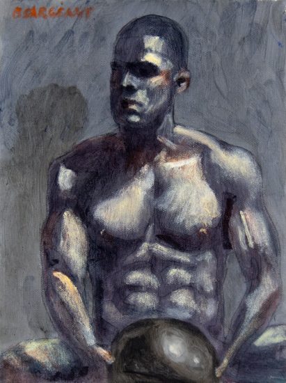 Click for sizes / editions / prices. A painting of a shirtless muscular man holding a medicine ball.