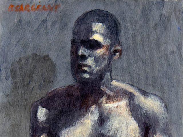 Click for sizes / editions / prices. A painting of a shirtless muscular man holding a medicine ball.