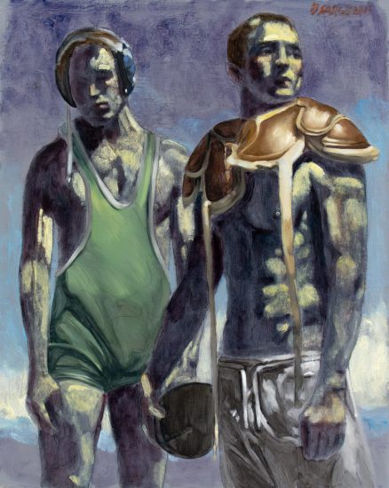Click for sizes / editions / prices. A painting of two athletes standing in front of a blue sky.