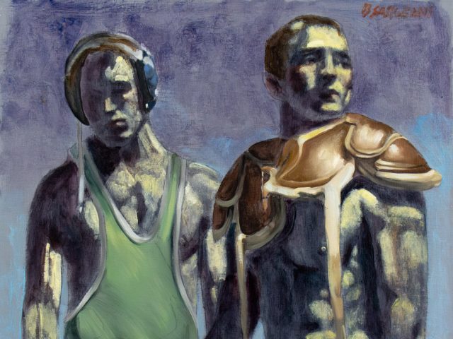 Click for sizes / editions / prices. A painting of two athletes standing in front of a blue sky.