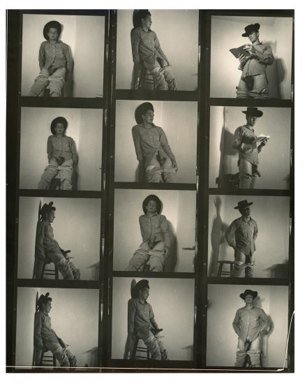 A black and white contact sheet of a nude man in a cowboy hat.