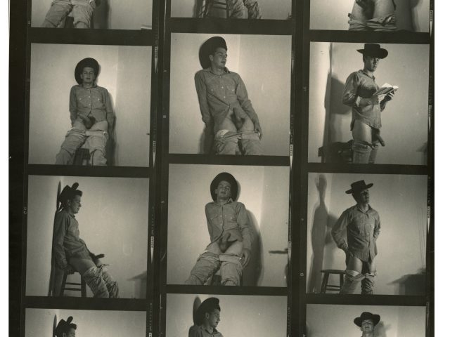 A black and white contact sheet of a nude man in a cowboy hat.