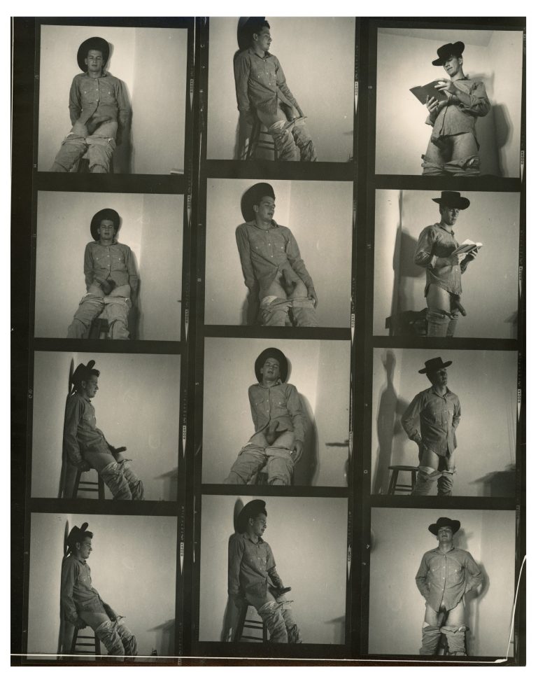 A black and white contact sheet of a nude man in a cowboy hat.