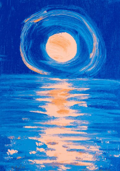 A silkscreen image in peach and cobalt of a glittering sea illumiated by the moon.
