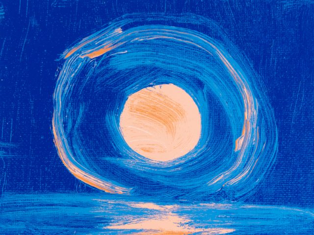 A silkscreen image in peach and cobalt of a glittering sea illumiated by the moon.