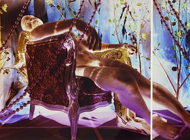 A colorful photograph of a man sleeping on a formal armchair, with color rendered in inverted tones.