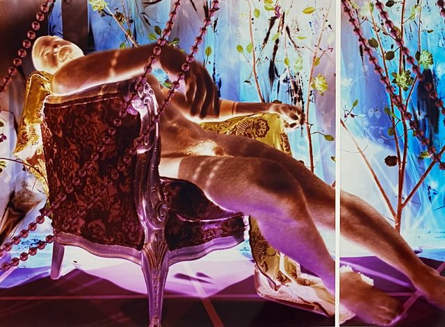 A colorful photograph of a man sleeping on a formal armchair, with color rendered in inverted tones.