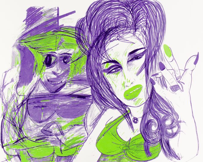 A stylized drawing in purple and acid green of to figures.