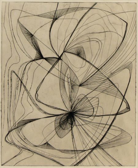 An abstract line drawing on beige paper.