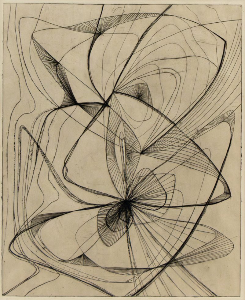 An abstract line drawing on beige paper.
