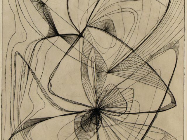 An abstract line drawing on beige paper.