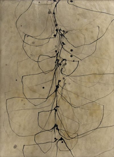 An abstract artwork of black lines on beige paper.
