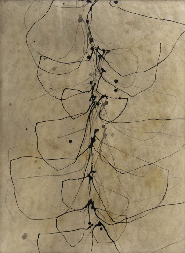 An abstract artwork of black lines on beige paper.
