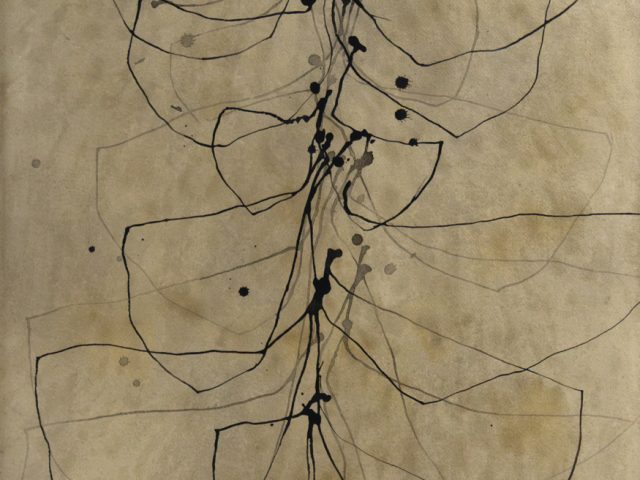 An abstract artwork of black lines on beige paper.