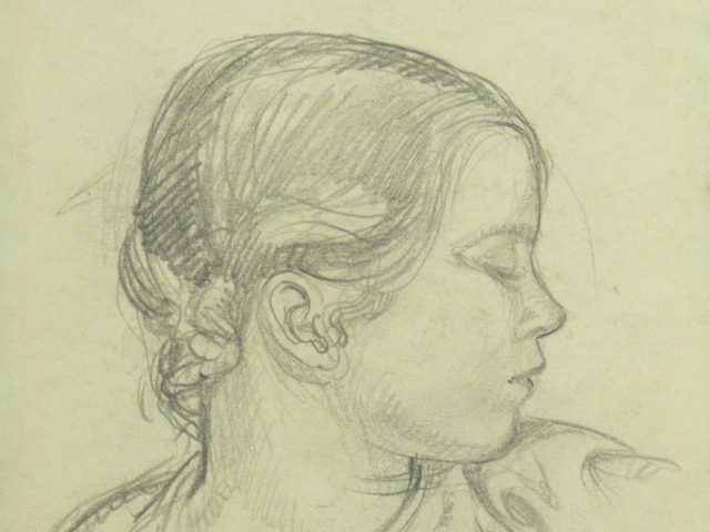 A pencil drawing of a young girl in profile on green paper.