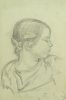 A pencil drawing of a young girl in profile on green paper.