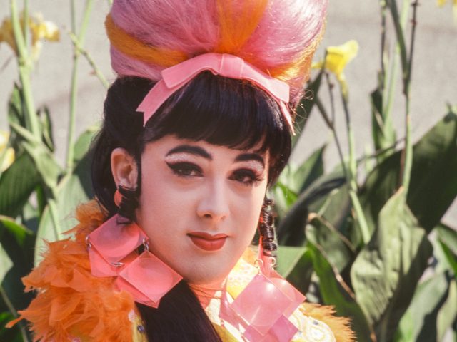 A colorful portrait of a woman in a orange and pink costume in sunshine.
