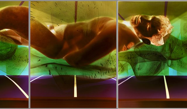 A colorful image of a nude man lying on his side made up of 4 image panels.