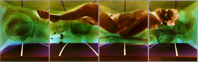 A colorful image of a nude man lying on his side made up of 4 image panels.