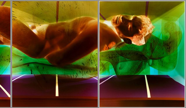 A colorful image of a nude man lying on his side made up of 4 image panels.