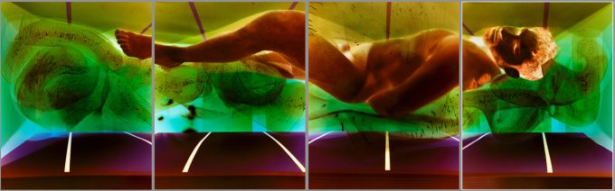 A colorful image of a nude man lying on his side made up of 4 image panels.