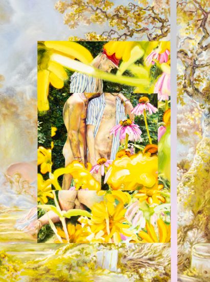 A paintings with bright yellows of a gay male couple engaged in intimate acts in a garden.
