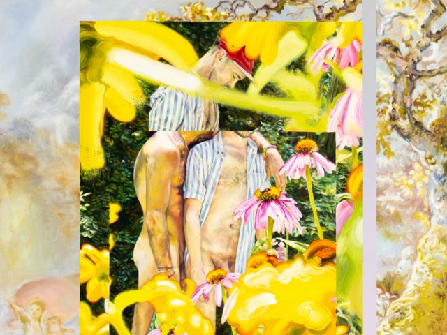 A paintings with bright yellows of a gay male couple engaged in intimate acts in a garden.