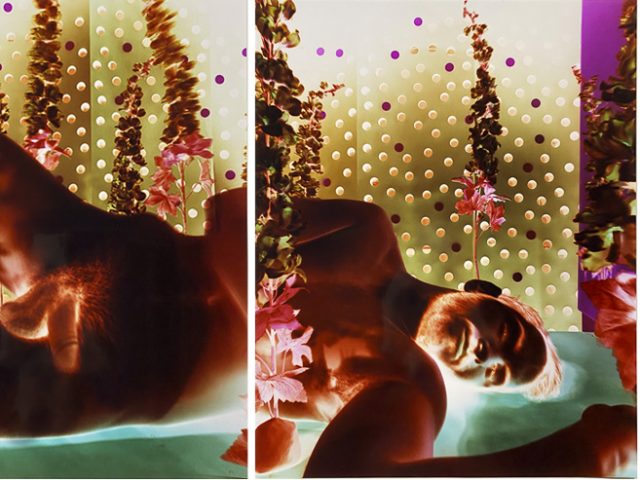 A three panel image of a nude man laying on his side, rendered in intense inverted colors.