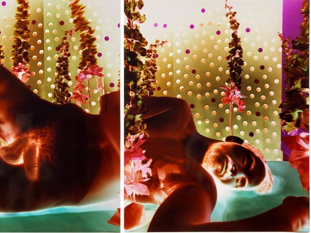 A three panel image of a nude man laying on his side, rendered in intense inverted colors.