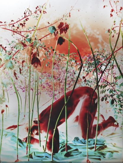A surreal, color-inverted photograph of a human figure kneeling among tall reeds and dense foliage, with the body rendered in crimson red and the ground in turquoise.