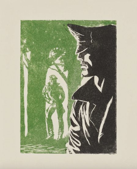 A lithograph in two colors, black and green, on cream paper, depicting two men in leather garb cruising in a woodland scene.