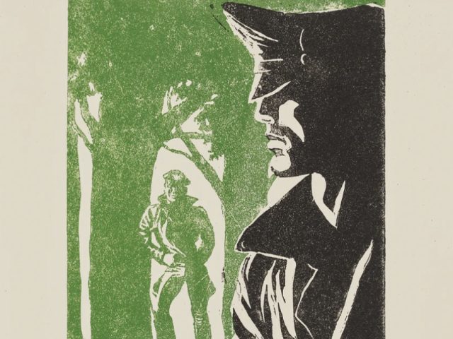 A lithograph in two colors, black and green, on cream paper, depicting two men in leather garb cruising in a woodland scene.